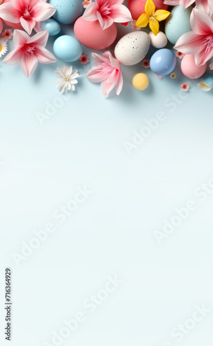 Easter poster and banner template with beautiful Easter multi-colored eggs and flowers.Promotion and shopping template for Easter. Beautiful easter promotion card.Top view  flat lay.Space for text