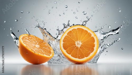Delicious fresh orange with water splash over isolated white background

