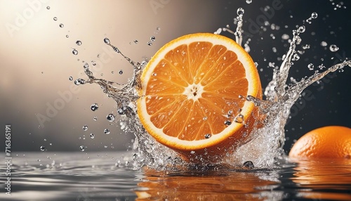 Delicious fresh orange with water splash over isolated white background 