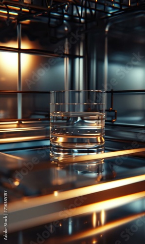 A glass of water sits in the middle of a stainless steel dishwasher. Generative AI.
