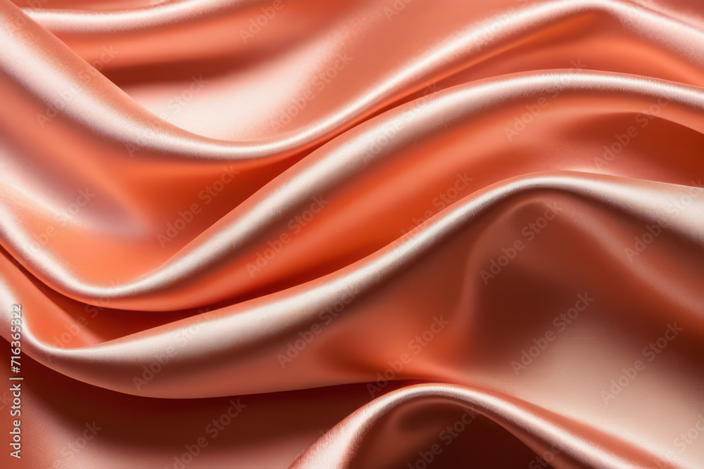 Fototapeta premium Close-up background with wavy texture of satin fabric color Peach Fuz