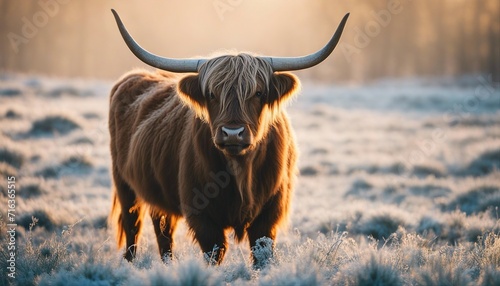 Portrait of a highland cattle in the frost of a winter morning. smoke coming out of its nose
