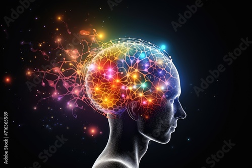 Colorful brain explosion creativity and neural connections. Receptor specificity insight aging process. Self improvement neurochemical pathways, flashes of inspiration. Neural synchronization decoding