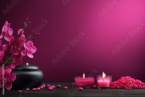 Dark pink Spa background, wellness, skincare, massage foot therapy, therapist massage background, aromatherapy massage, thai, Asian, facial, pedicure, medicure, relax spa, towels, Spa stones photo