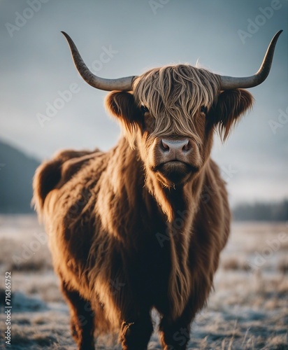 Portrait of a highland cattle in the frost of a winter morning. smoke coming out of its nose, close up view 