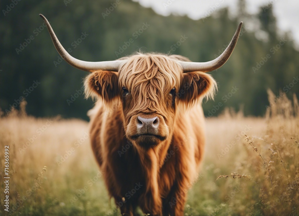 Portrait of single highland cow standing in field, summer day
