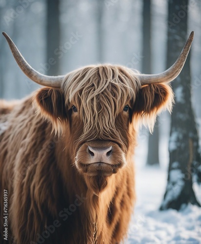 Portrait of a highland cattle in the frost of a winter morning. smoke coming out of its nose  close up view 