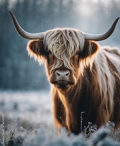Portrait of a highland cattle in the frost of a winter morning. smoke coming out of its nose, close up view 