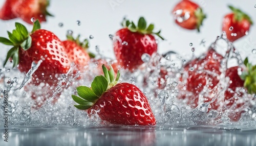 Strawberry with water splash over isolated white background 
