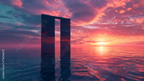 3D Surrealism with Black Door at Sunset