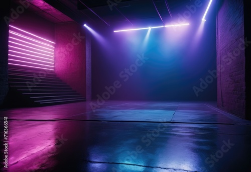 dark stage with a dramatic blend of blue, purple, and pink in the background, featuring neon lights, spotlights, and a smoky asphalt floor