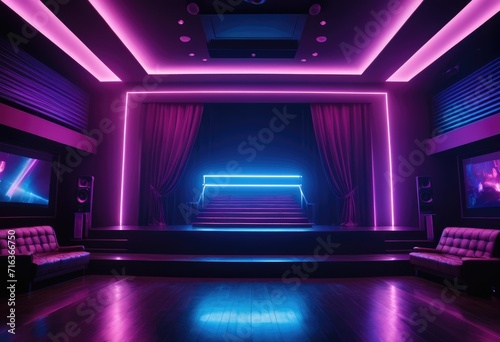 dark, atmospheric stage with a vibrant background of blues, purples, and pinks, lit by neon lights and spotlights photo