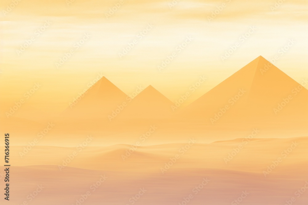 An abstract illustration of golden desert dunes with silhouettes of pyramids against a warm sunset sky. The smooth gradients and soft tones evoke a sense of calm and serenity, characteristic of a vast