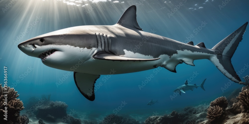 Obraz premium white shark, a timeless sentinel, kept watch over the silent kingdom.