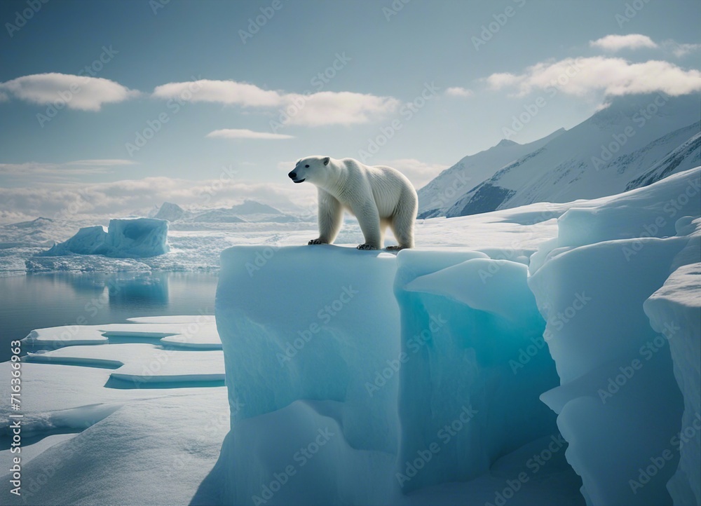 aerial view of polar bear on iceberg alone with mountain, glacier and ocean; global warming
aerial view of polar bear on iceberg alone with mountain, glacier and ocean; global warming