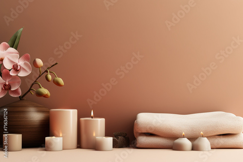 Light brown Spa background, wellness, skincare, massage foot therapy, therapist massage background, aromatherapy massage, thai, Asian, facial, pedicure, medicure, relax spa, towels, Spa stones