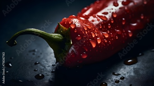 Fresh chilli pepper with water splashes and drops on black background photo