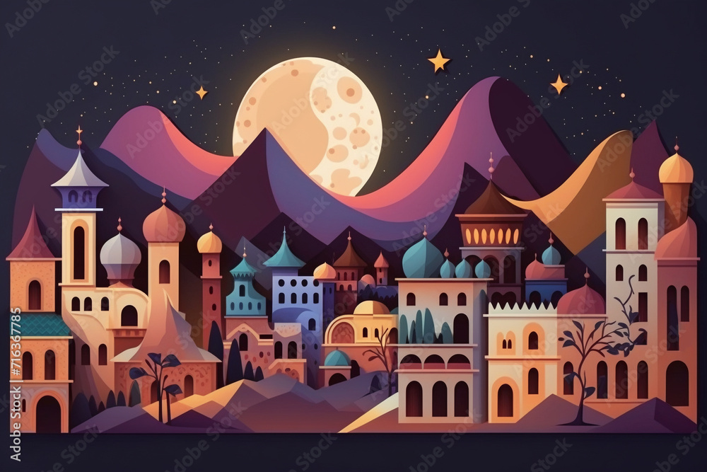 Fototapeta premium llustration of oriental cute muslim town with crescent moon for greeting card, background or poster 