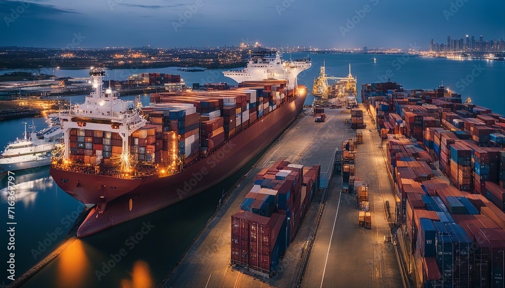 Obraz premium commercial transport ship loaded with containers near the harbor, long exposure photo