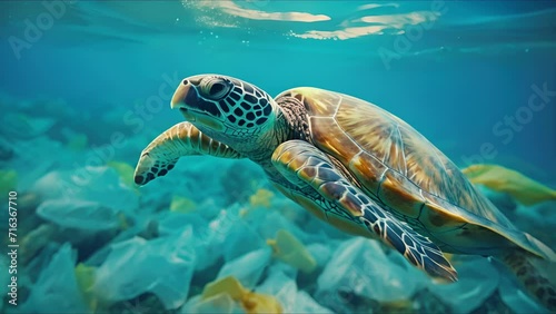 Macro shot of a turtle swimming ast a sea of plastic bags in the ocean.