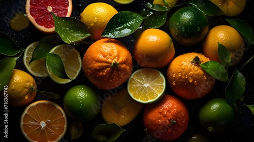 Fresh citrus fruits with water splashes and drops on black background