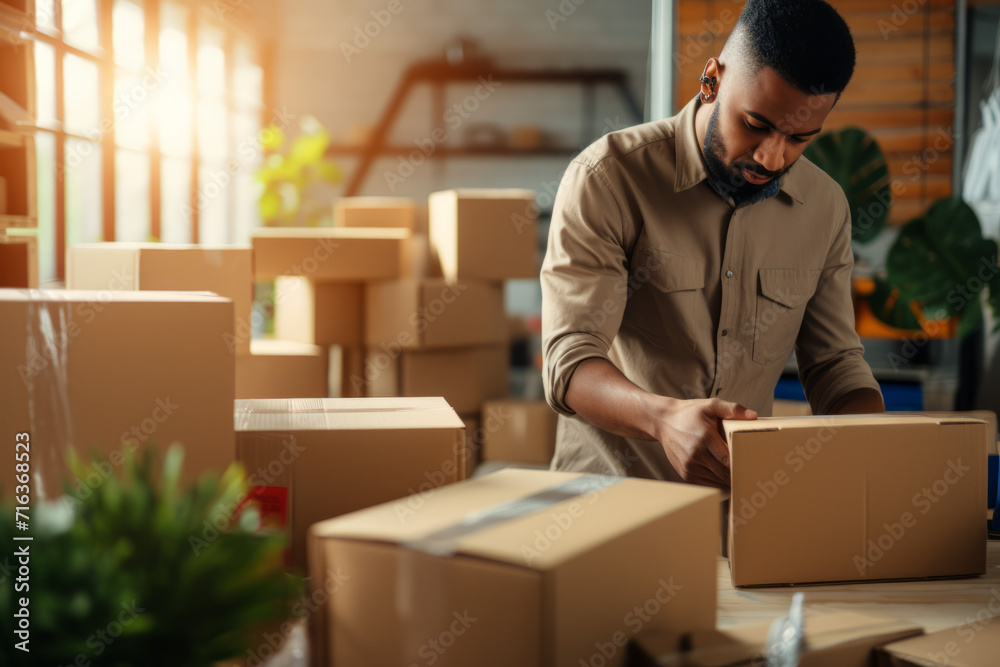 Man packing items into boxes Male courier service delivery goods online store. Portrait with selective focus. Online salesperson packing boxes for dispatch to customers, online working from home Man packing items into boxes Male courier service delivery goods online store. Portrait with selective focus. Online salesperson packing boxes for dispatch to customers, online working from home