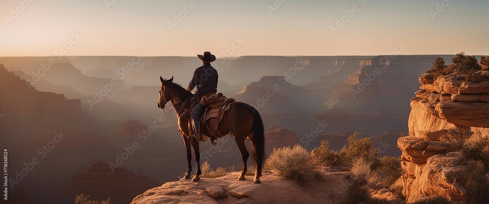 Naklejka premium cowboy on a horse at the top of the mountainous grand canyon golden hour sunset. dijital art.