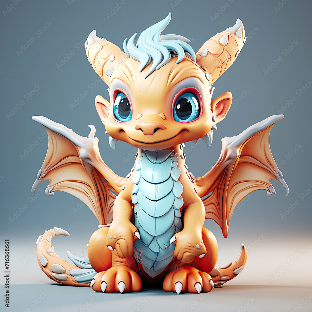 Red-orange Cartoon baby Dragon with Wings and Fire Design, Cute Monster Bird Illustration Art Fantasy and Dinosaur Character