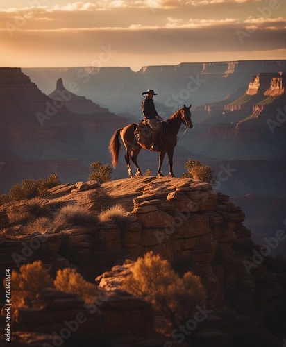 cowboy on a horse at the top of the mountainous grand canyon golden hour sunset. dijital art.  