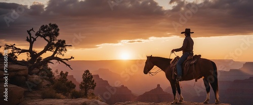 cowboy on a horse at the top of the mountainous grand canyon golden hour sunset. dijital art.