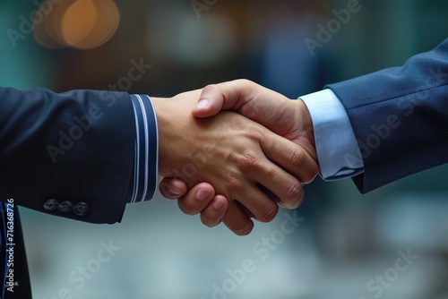 Business handshake in bright office. Business partnership meeting. Picture businessmans handshake. Successful businessmen handshaking after good deal. Horizontal, blurred background. Ai generated photo