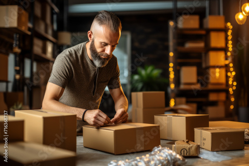 Man packing items into boxes Male courier service delivery goods online store. Portrait with selective focus. Online salesperson packing boxes for dispatch to customers, online working from home