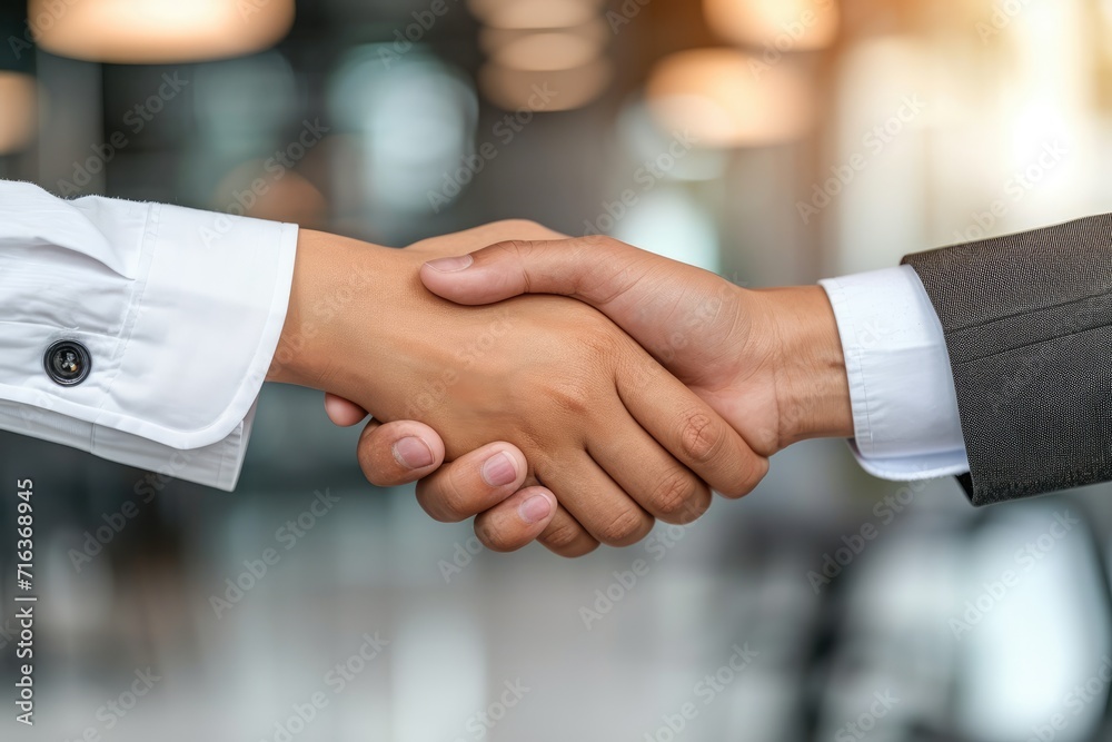 Business handshake in bright office. Business partnership meeting. Picture businessmans handshake. Successful businessmen handshaking after good deal. Horizontal, blurred background. Ai generated