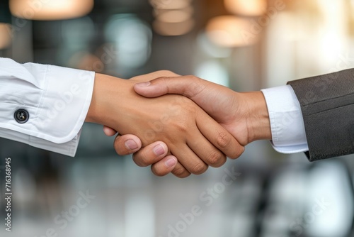 Business handshake in bright office. Business partnership meeting. Picture businessmans handshake. Successful businessmen handshaking after good deal. Horizontal, blurred background. Ai generated