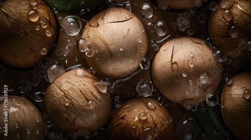 Fresh coconuts with water splashes and drops on black background