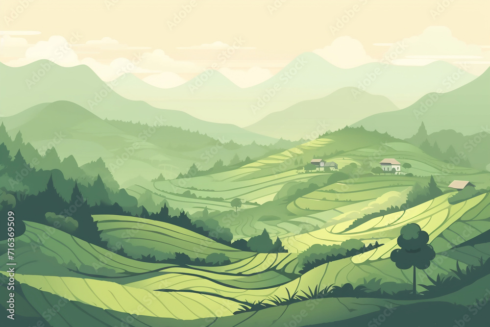 Terraced plantation poster Chinese rice fields. Tea plantations. Brochure, booklet one page conceptual design with illustration. Agricultural slopes flyer illustration.
