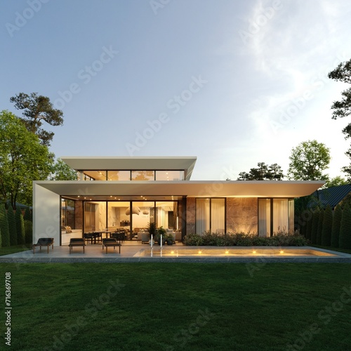 Modern one-story house with panoramic windows. House with a flat roof and a unique facade. Yard inside the house © House