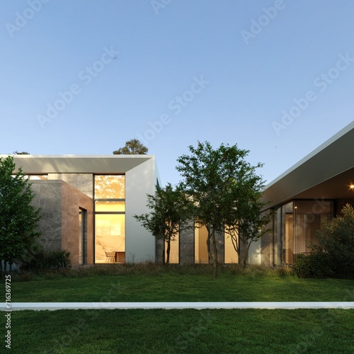 Modern one-story house with panoramic windows. House with a flat roof and a unique facade. Yard inside the house