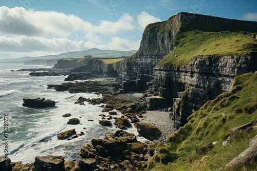 Coastal cliff overlooking a vast ocean under a cloud-filled sky, Generative AI