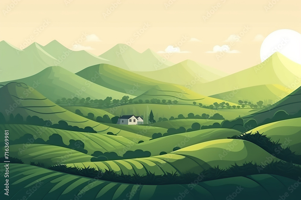 Terraced plantation poster Chinese rice fields. Tea plantations. Brochure, booklet one page conceptual design with illustration. Agricultural slopes flyer