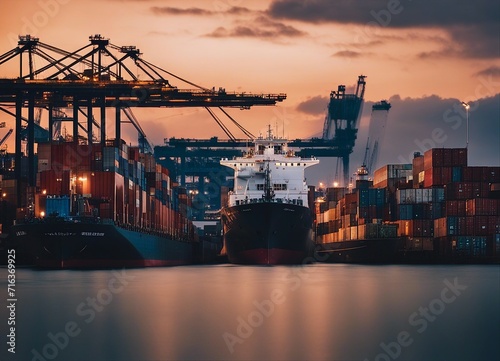 long exposure photo in a commercial harbor, ships and containers, sunset 