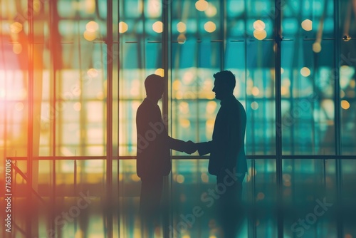Two professionals engage in a handshake against a cityscape backdrop, symbolizing successful corporate negotiations. Ai generated