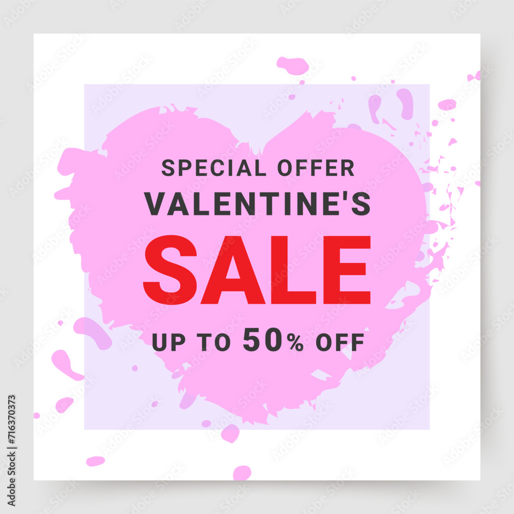 Fototapeta premium Sale banner for Valentine's Day, festive square template. Vector background with pink texture hearts for greeting cards, banner design, web advertising and social media post