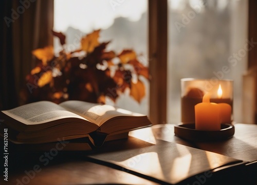 old hardcover books on a wooden table by the window, dim light, warm tones; autumn cozy home still 