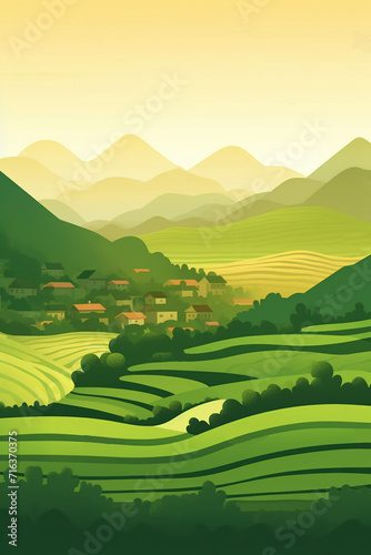 3d realistic banner, nature, tea plantation, green tea garden background with flying leaves for your design, ads. landscape photo for Vietnamese working in tea plantation at long