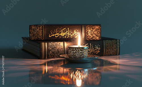 Ramadan kareem with Holy Quran and lantern lit