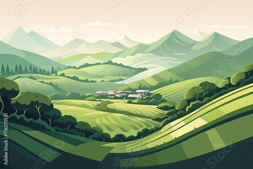 Terraced plantation poster Chinese rice fields. Tea plantations. Brochure  booklet one page conceptual design with illustration. Agricultural slopes  illustration.