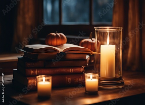 old hardcover books on a wooden table by the window, dim light, warm tones; autumn cozy home still 
