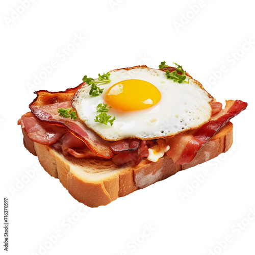 Toast with bacon and egg on transparent background. Generative ai design.