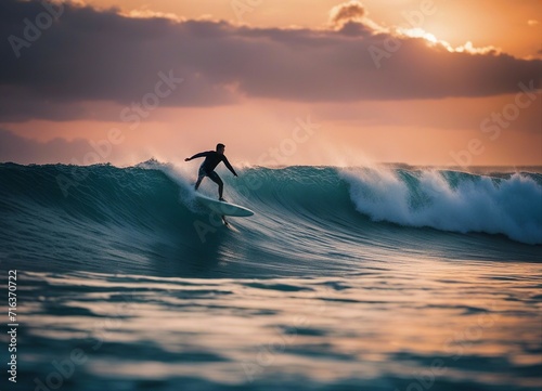 person surfing in the big waves of a moody blue ocean, colorful sunset  © abu